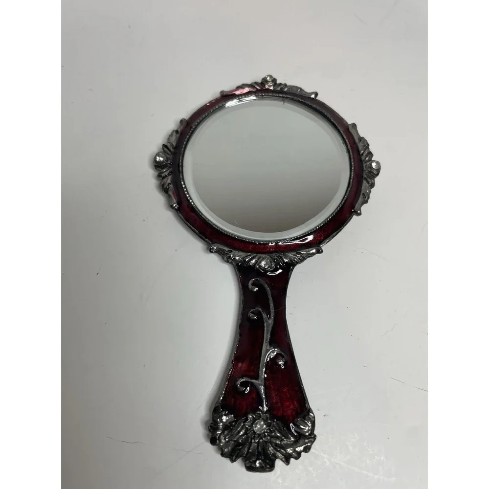 Hand Mirror w/  Coronet Bows Wreath Red Enamel Metal Heavy 5.5